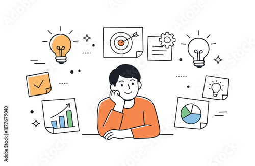 Innovative Idea Generation. Business idea generation illustration. Minimal lightbulbs, notes, and charts surrounding a figure, expressing