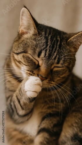 Close-up video still of a tabby cat licking its paw, captured from a slightly tilted angle, showcasing a serene and cozy moment. Live mobile wallpaper.