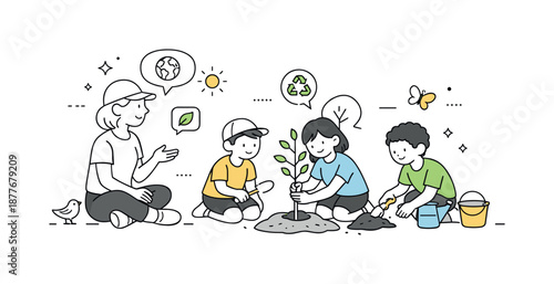 Planting with Purpose. Kids learning through tree planting. Children listening and planting together, calm educational moment focused on sustainability.