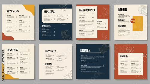 Collection of restaurant menu templates with various design styles and layouts