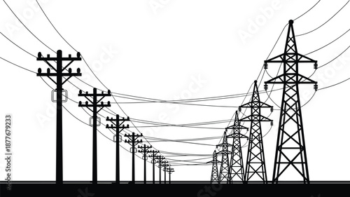 Electric power transmission corridor silhouette, utility poles and high voltage towers, electricity grid network, energy infrastructure, industrial technology, black white illustration