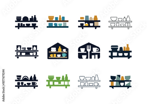 Kitchen Icon Set. kitchen spaces. Icon set. Set Logo of kitchen spaces: open shelving kitchen wall. harmonious logo variations of the same emblematic concept,