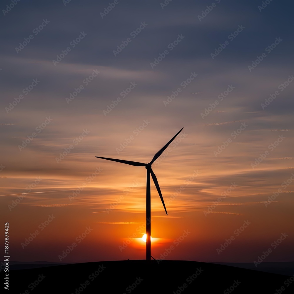Obraz premium Wind turbine silhouette against dramatic sunset sky with orange and purple clouds. Renewable energy concept for sustainable power generation and environmental projects.