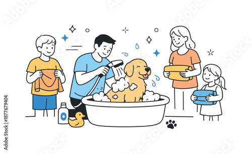 Family Dog Bathing. Family washing dog care. One person gently rinsing while others hold towels nearby. Thoughtful coordination and calm pet care atmosphere.