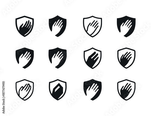 Skin Protection Icons. Skin and protection. Icon set. Set Logo of skin and protection: safe touch hand. harmonious logo variations of the same emblematic