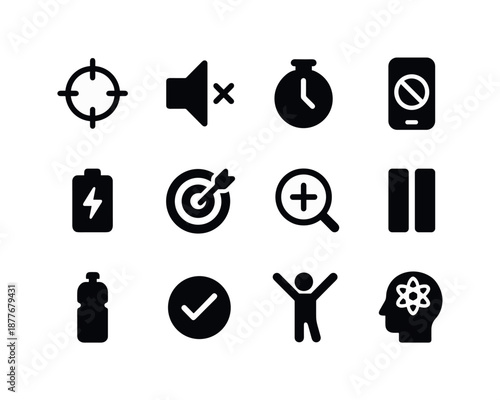 Productivity Icons Grid. Focus and productivity. Solid icon set of focus and productivity: focus icon, quiet mode, timer circle, distraction blocker, energizer