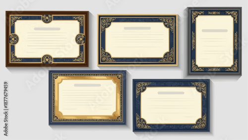 collection of ornate certificate frames in various gold and blue designs