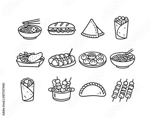 Global Street Food Icons. Street food. Line icon set of iconic global street foods: pad thai, banh mi, samosa, kebab wrap, fish and chips, currywurst, dumpling