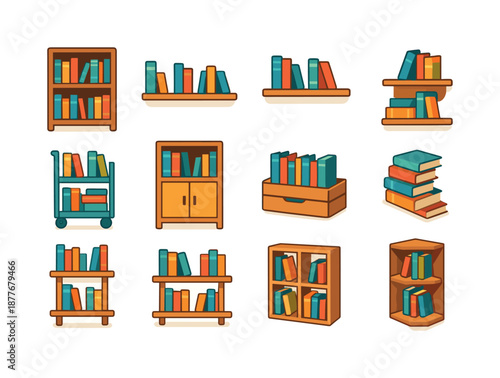 Colorful Book Storage Icons. Book storage. Colorful flat vector icons set of book storage: bookshelf, wall shelf, floating shelf, stacked crates, rolling book