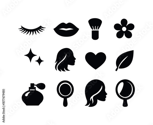 Soft Beauty Icons. Soft beauty. Solid icon set of soft beauty: closed eye, long eyelashes, lips, blush brush, flower icon, sparkles, hair silhouette, heart