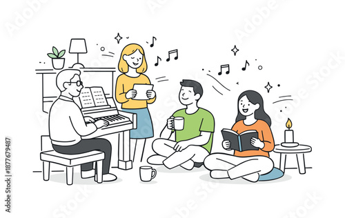 Cozy Piano Gathering. Singing around the piano home evening. People singing softly in a living room setting, cozy atmosphere and gentle musical flow.