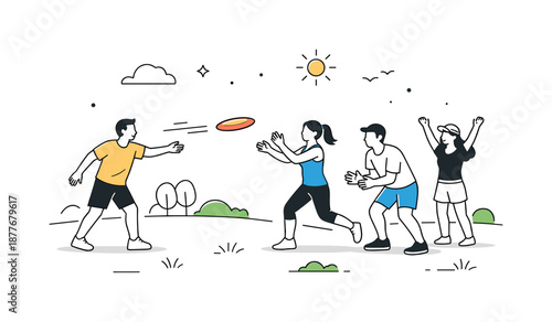 Frisbee Fun in Park. Group playing frisbee park scene. People enjoying a casual game in a green park with open space around. Leisure time and social