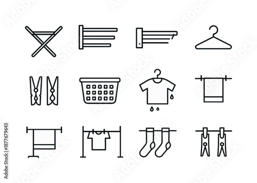 Laundry Rack Icons. Laundry Drying Rack. Line icon set of Laundry Drying Rack: foldable rack, wall-mounted rack, retractable lines, drying hanger, clothes