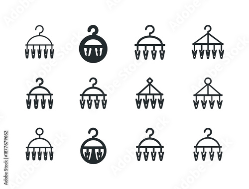 Laundry Rack Icons. Laundry drying rack. Icon set. Set Logo of laundry drying rack: circular hanger with clips. harmonious logo variations of the