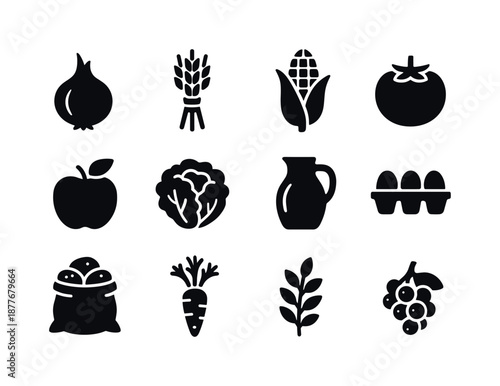 Farm Produce Icons. Farm produce. Solid icon set of farm produce: onion, wheat bundle, corn, tomato, apple, lettuce, milk jug, egg carton, potato sack, carrot
