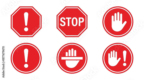 Stop Street Icon Collection featuring red octagonal signs and hand stop symbols for traffic safety