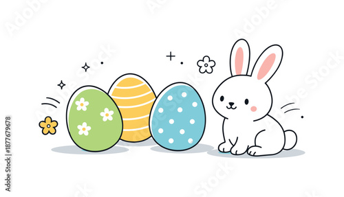Bunny and Eggs. Spring Easter prelude illustration. Minimal eggs paired with a small bunny, expressing freshness and quiet celebration. Airy