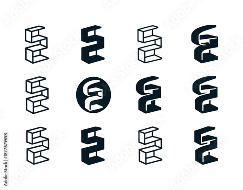 Geometric Bookshelf Icons. Geometric bookshelf with a modern, artistic design. Icon set. Set Logo of Geometric bookshelf with a modern, artistic design: Spiral