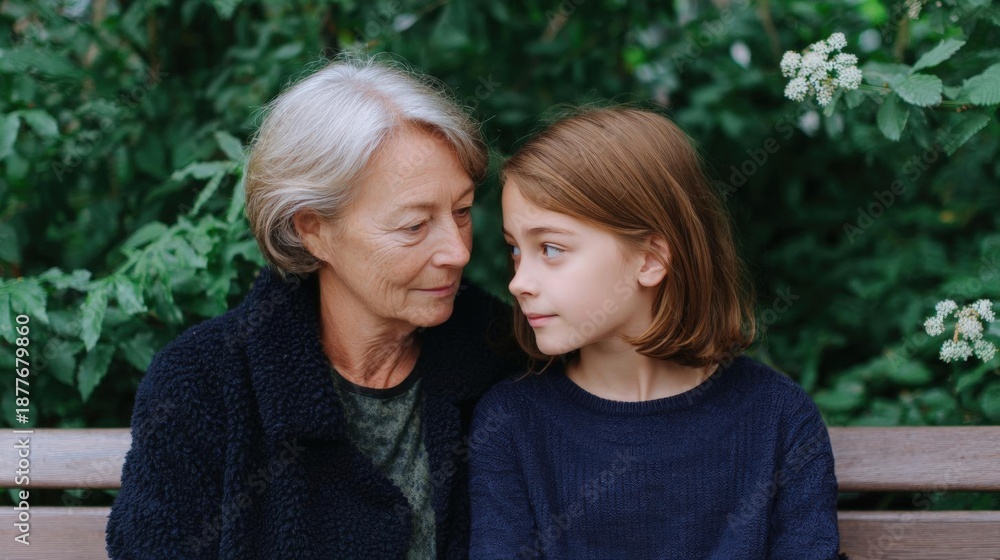 Obraz premium Elderly woman and a young girl sitting on a wooden bench in a garden. the woman is on the left side of the image, with her head resting on the shoulder of the girl.