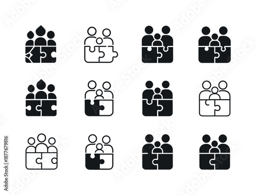 Family Puzzle Icons. Building a family puzzle. Icon set. Set Logo of building a family puzzle: four-piece family jigsaw. harmonious logo variations of the same