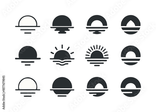 Sunset Emblem Variations. Sunset. Icon set. Set Logo of sunset: sun dipping below horizon. harmonious logo variations of the same emblematic concept, each with