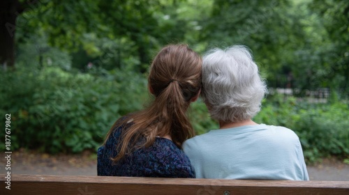 Elderly couple sitting on a wooden bench in a park. the woman is on the left side of the image, with her back to the camera, facing away from the camera.