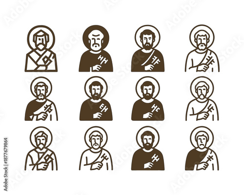 Saint Peter Icon Set. saint peter. Icon set. Set Logo of Saint Peter: Saint Peter with halo and robe. harmonious logo variations of the same emblematic