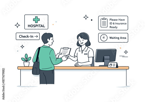 Welcoming Hospital Reception. Hospital visit reception. Patient checking in at the front desk with documents and simple signage nearby. Organized process and