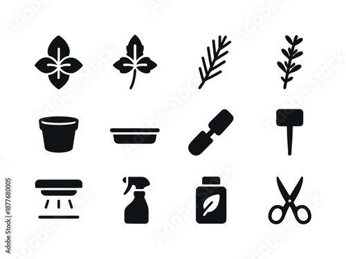 Indoor Herb Icons. Indoor herb garden. Solid icon set of indoor herb garden: basil leaf, mint leaf, rosemary sprig, thyme sprig, small pot, water tray, soil