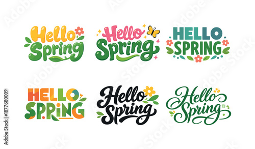 Hello Spring Lettering Grid. Hello Spring. Set lettering. harmonious lettering variations of the same emblematic concept, each with different