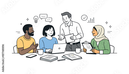 Multicultural Teamwork Scene. Multicultural team. Diverse colleagues working together around a table, exchanging ideas and documents. Friendly collaboration