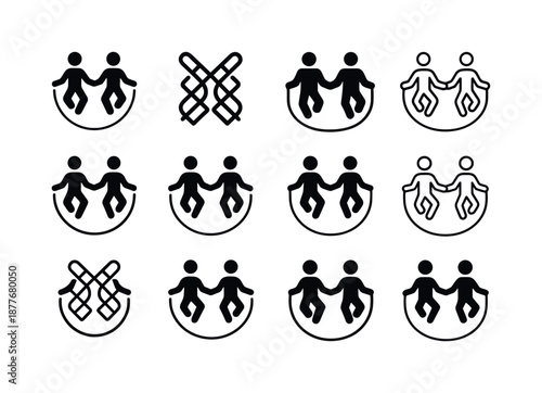 Synchronized Jump Rope Icons. Group fitness. Icon set. Set Logo of group fitness: synchronized jump rope. harmonious logo variations: Symmetrical form,
