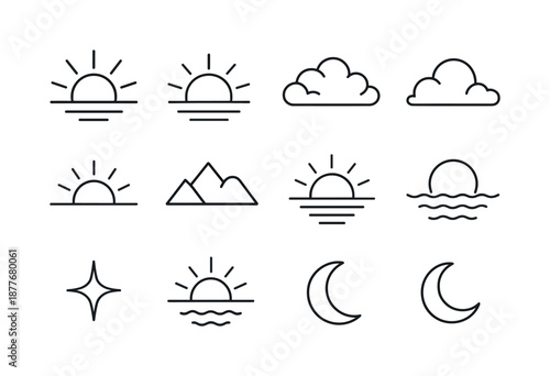 Sunrise and Sunset Icons. Sunrise and sunset. Line icon set of Sunrise and sunset: rising sun, setting sun, horizon line, sun rays, morning clouds, evening
