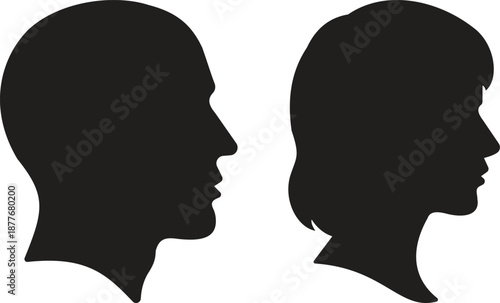 Male and female head profile icon set, man and woman silhouette side faces isolated on transparent background, human avatar symbols for user profile interface design vector illustration.
