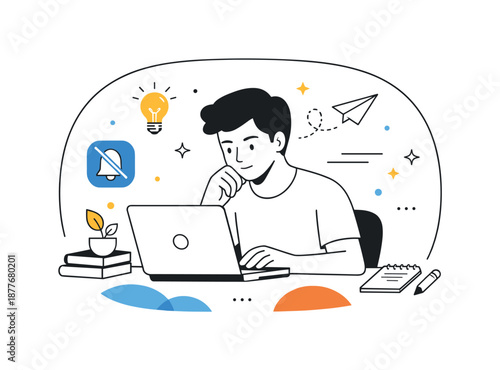 Remote Work Focus. Remote work and productivity concepts. Conceptual scene with a focused character inside a soft rounded frame, notifications muted and
