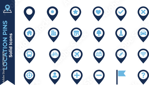 Solid Location Pin Vector Icons - Blue Map Markers, GPS Navigation Pointers, and Destination Symbols Set
