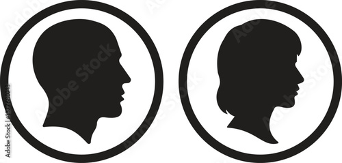 Male and female head profile icon set, man and woman silhouette side faces isolated on transparent background, human avatar symbols for user profile interface design vector illustration.