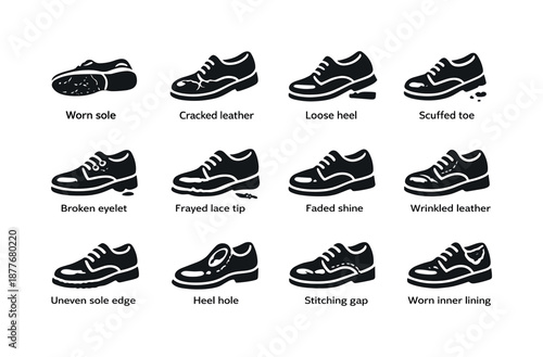 Worn School Shoes Icons. School shoes wear signs. Solid icon set of school shoes wear signs: worn sole, cracked leather, loose heel, scuffed toe, broken
