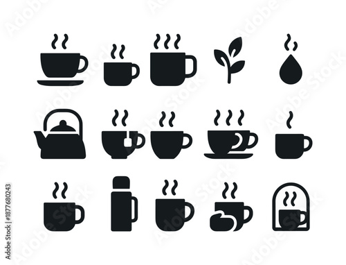 Warm Beverage Icons. Warm beverages. Solid icon set of warm beverages: tea cup, cocoa mug, latte mug, herbal steam, kettle icon, cup with sachet, steam trio,
