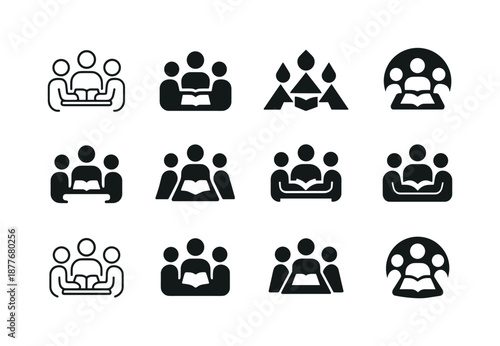 Group Study Icons. Group study sessions. Icon set. Set Logo of Group study sessions: Students around a table: Minimal outline, Filled silhouette, Abstract
