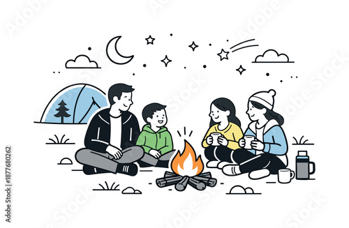 Family Under Stars. Family camping at night. A family sitting together near a campfire under the stars, quiet conversation and shared warmth in a peaceful