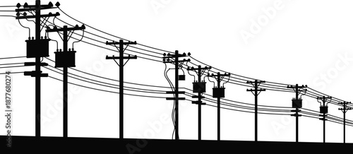 Electric power line silhouette, utility poles transmission network infrastructure energy distribution electricity industrial technology grid overhead wires black white illustration