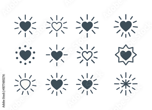 Kindness Icon Set. Kindness. Icon set. Set Logo of kindness: light burst from heart. harmonious logo variations of the same emblematic concept, each with