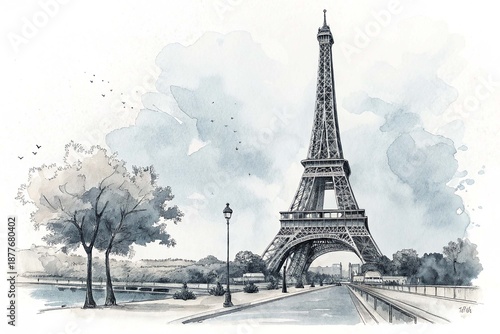A black and white drawing of a tower with the eiffel tower in the background