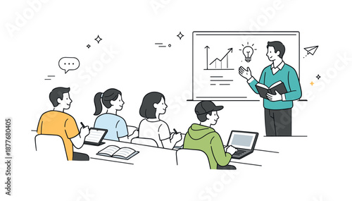 University Lecture Scene. University students lecture. Students seated in a classroom listening to a professor, notebooks and tablets open. Calm concentration