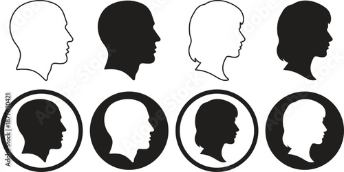 Male and female head profile icon set, man and woman silhouette faces in outline and solid black styles, human avatar symbols for user profile interface and social media design vector illustration.