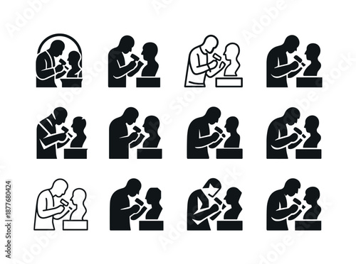 Sculptor Icon Set. Sculptors shaping their creations. Icon set. Set Logo of Sculptors shaping their creations: sculptor polishing details. harmonious logo