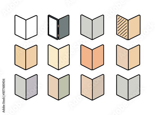 Minimalist Folding Screens Icons. Minimalist folding screens. Colorful isometric vector icons set of minimalist folding screens: clean white panel, matte black