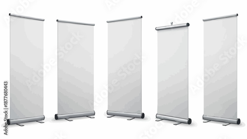 Five roll up banners standing on a white background for display purposes