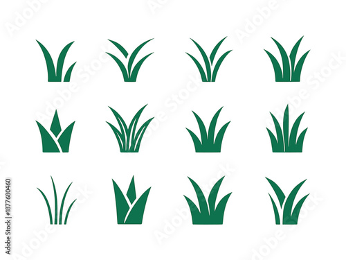 Grass Logo Variations. Grass. Icon set. Set Logo of grass: curved grass sprout. harmonious logo variations of the same emblematic concept, each with different